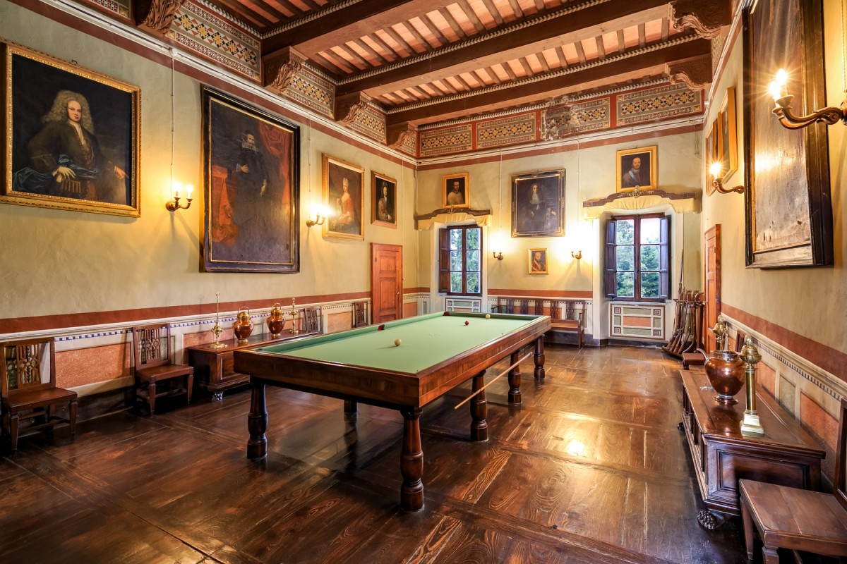 There is a huge billiard room on the upper floor